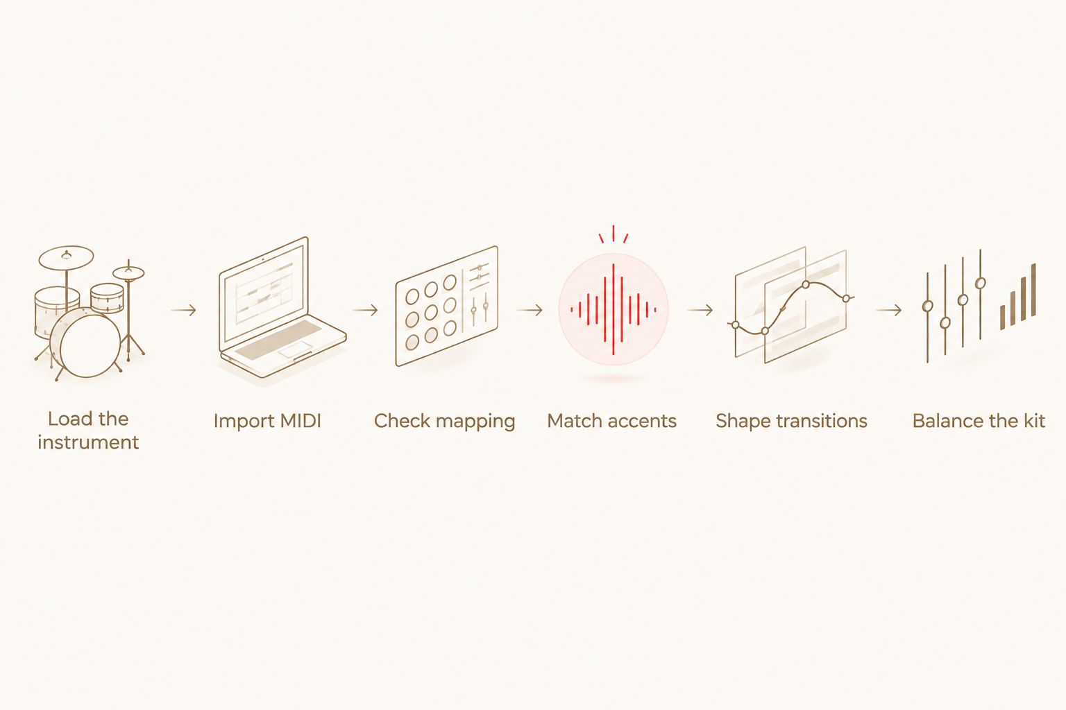 Workflow from loading a drum instrument to adapting and balancing imported MIDI
