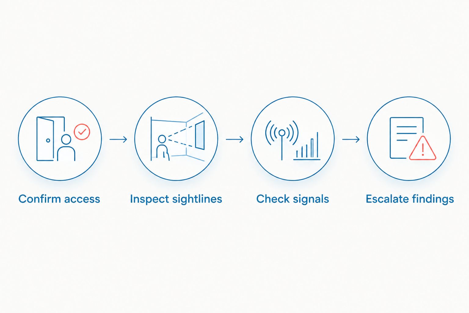 Inspection sequence from confirming access to escalating a suspected hidden camera