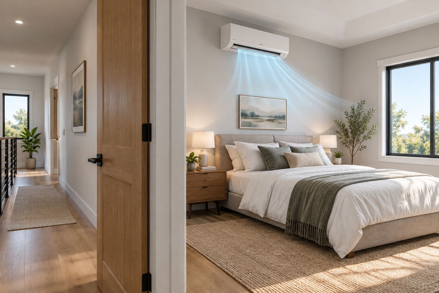 Wall-mounted ductless unit in an upstairs bedroom beside the doorway