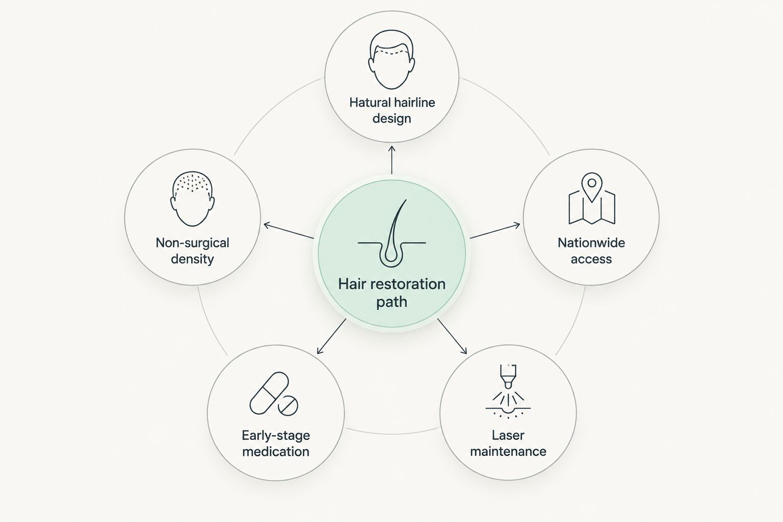 Diagram showing five distinct hair restoration paths branching from one decision point
