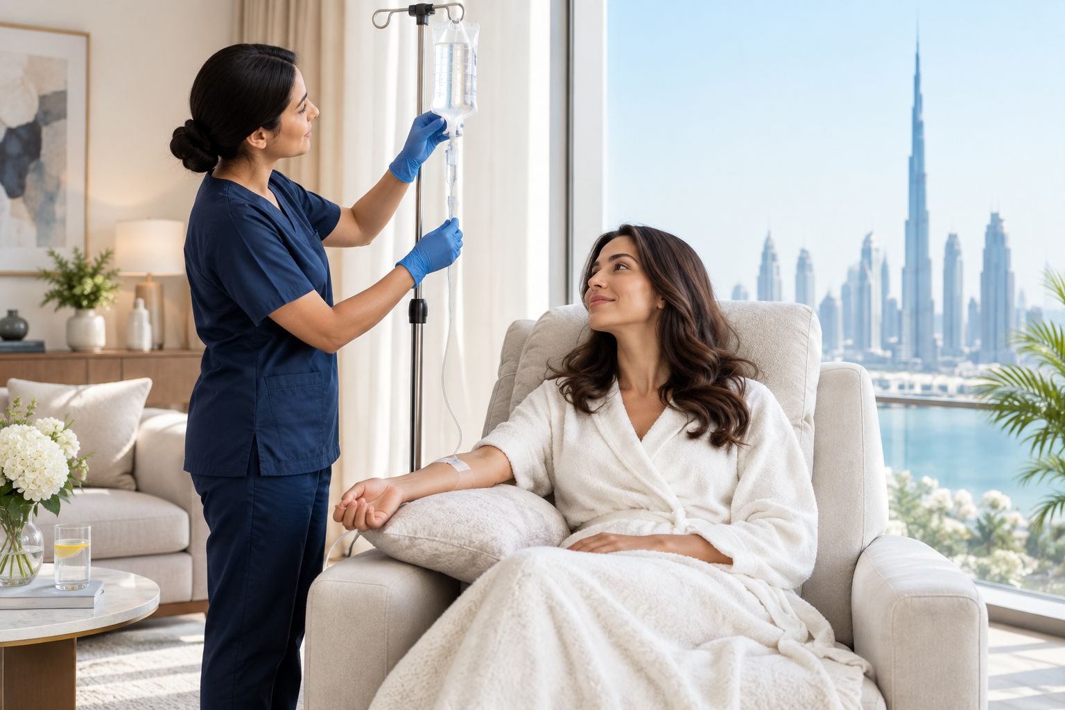 Nurse preparing an at-home IV drip in a Dubai living room