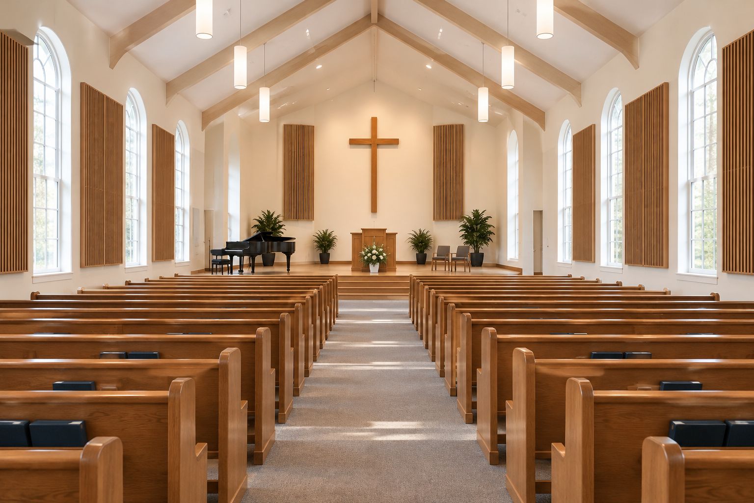 Church sanctuary with wood-slat treatment on side walls and unobstructed windows
