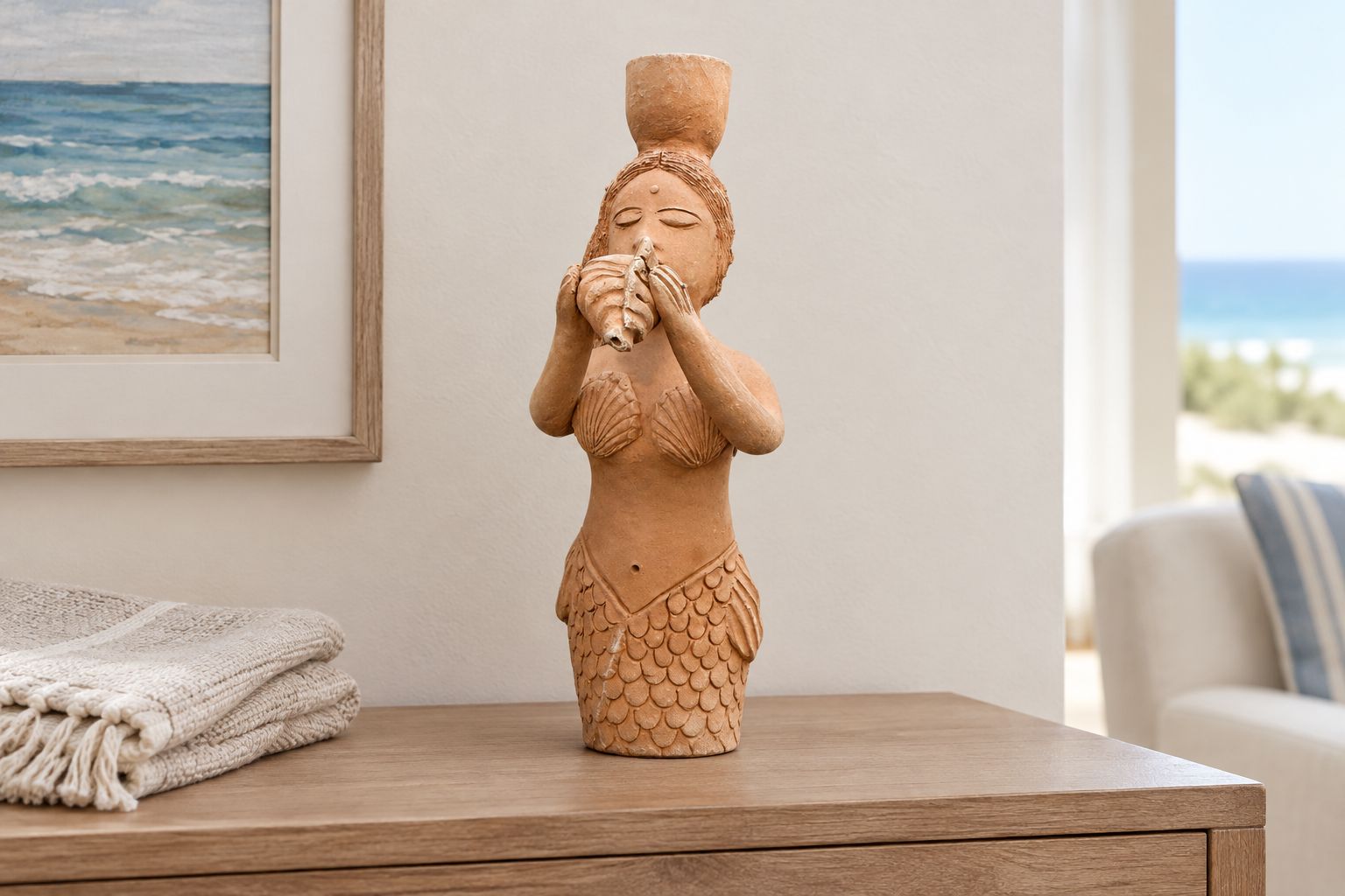 Mermaid candle holder displayed unlit on a console against a plain wall