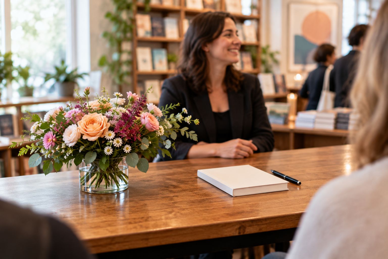 Low flowers at the end of a signing table with clear space for a book and pen