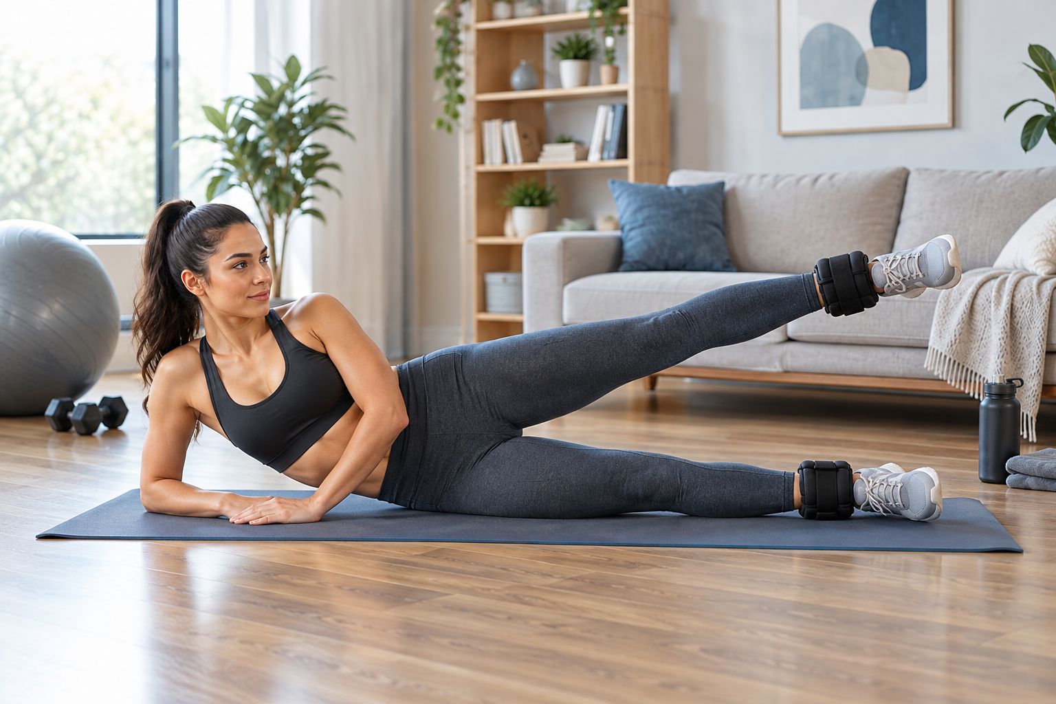 Controlled side-lying leg raise with ankle weights on a home exercise mat