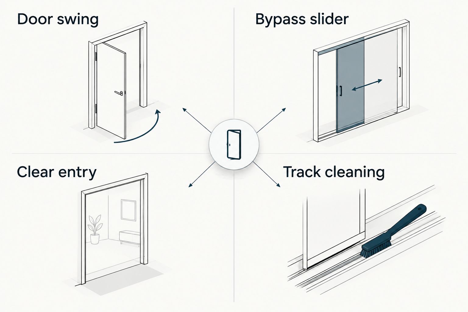 Comparison of a hinged shower-door swing and a bypass slider's track