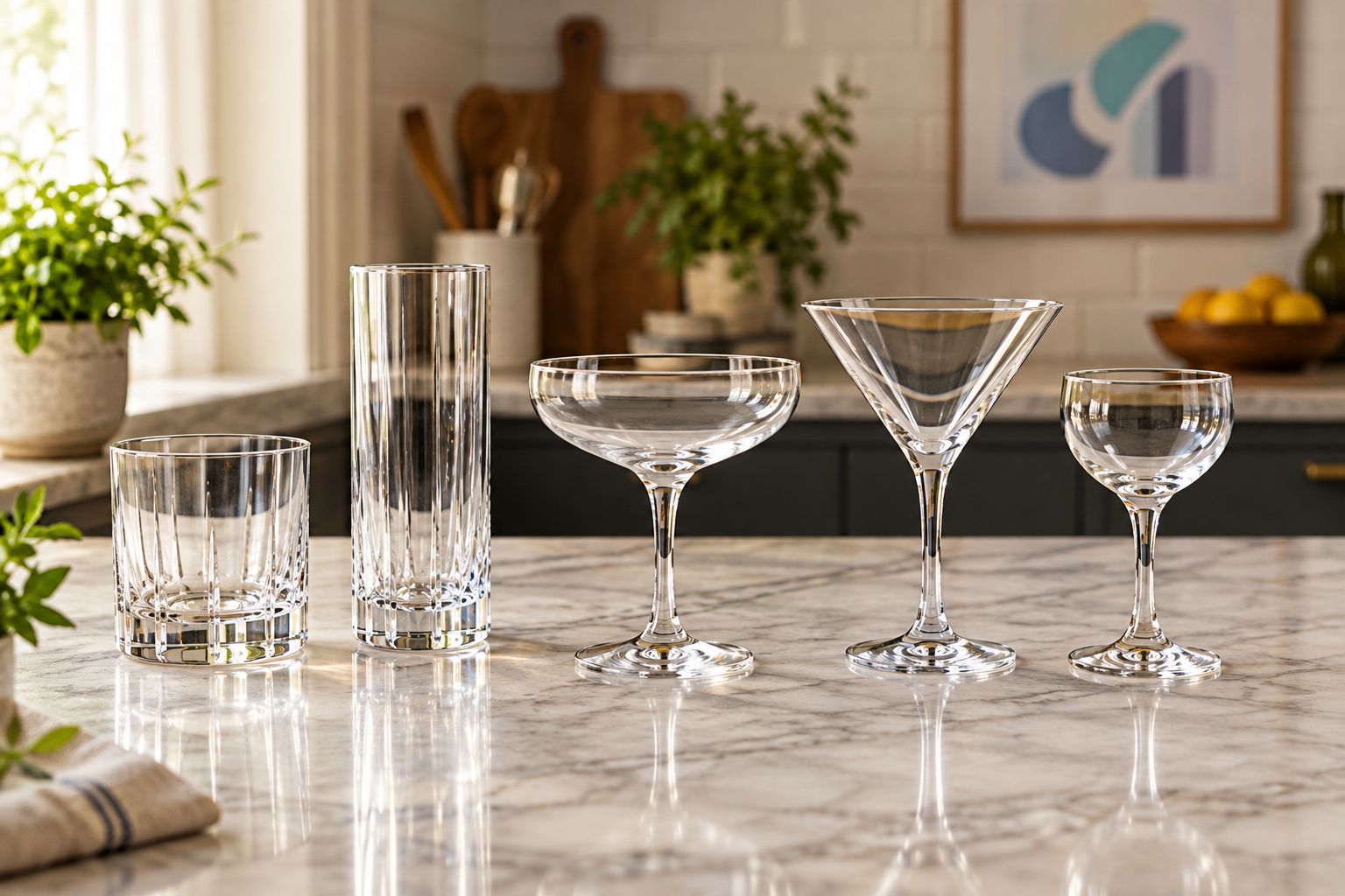 Rocks, highball, coupe, martini, and small rounded stemmed glasses shown side by side