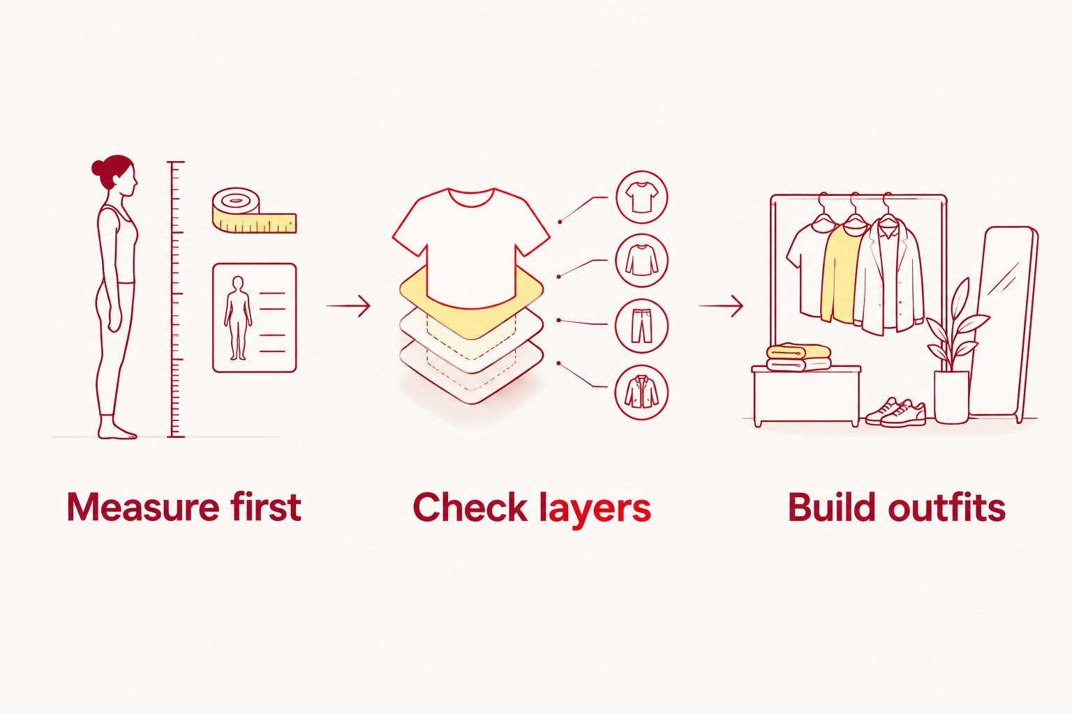 Three shopping checks: measure first, check layers, and build outfits.