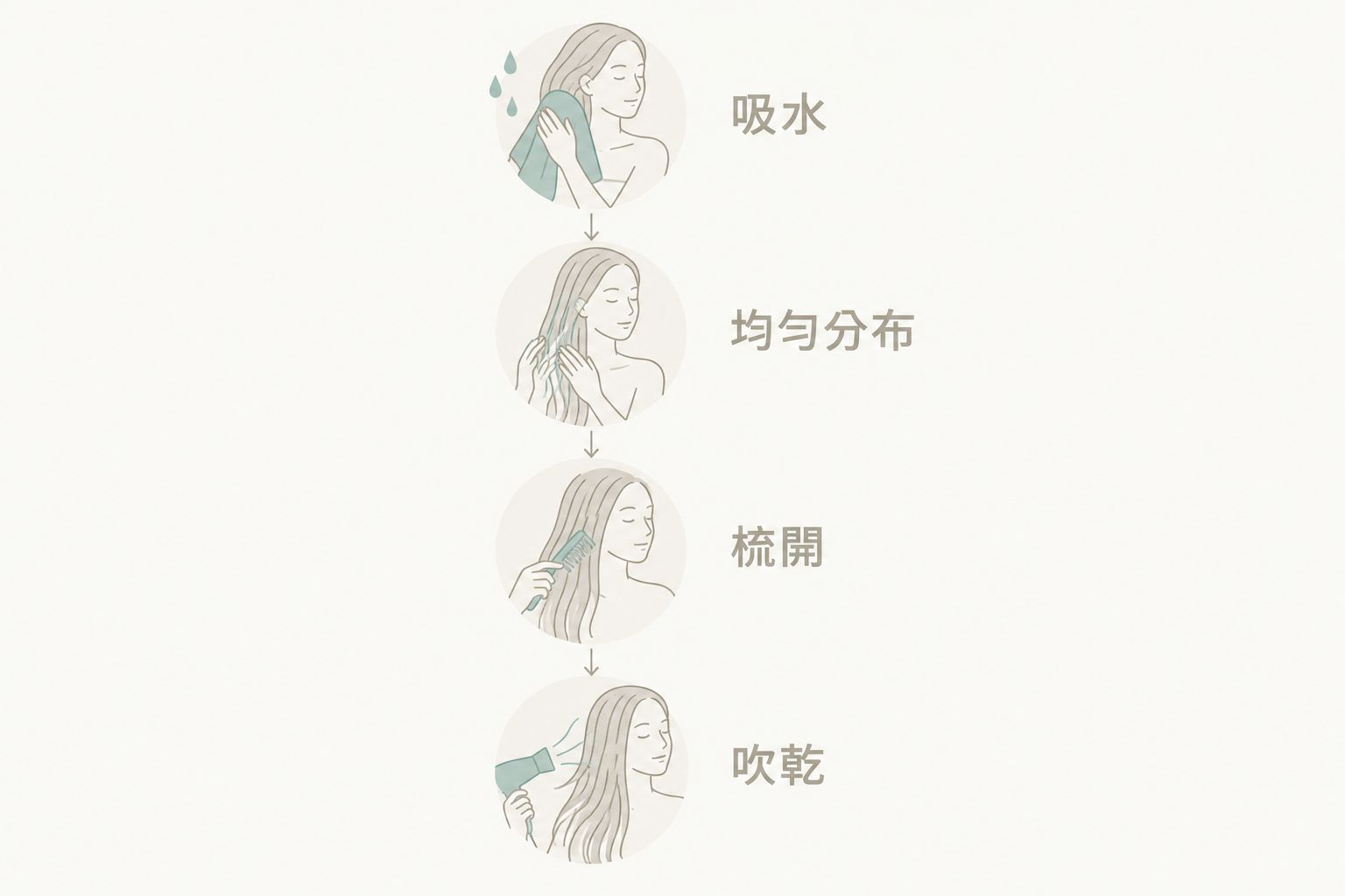 洗髮後吸水、均勻分布護髮乳、梳開及吹乾的操作流程