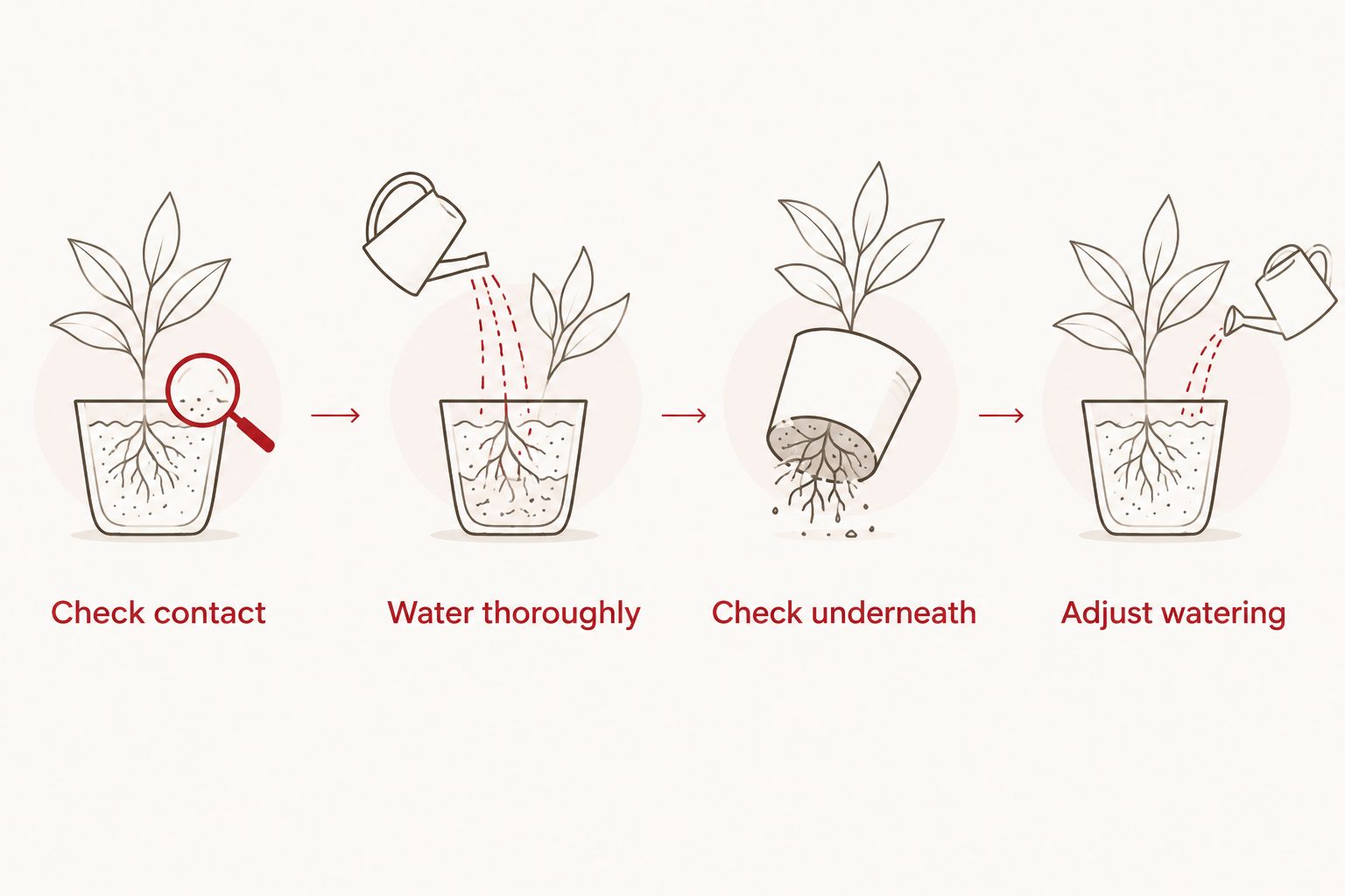 Four steps for checking sod contact, watering, checking underneath, and adjusting watering
