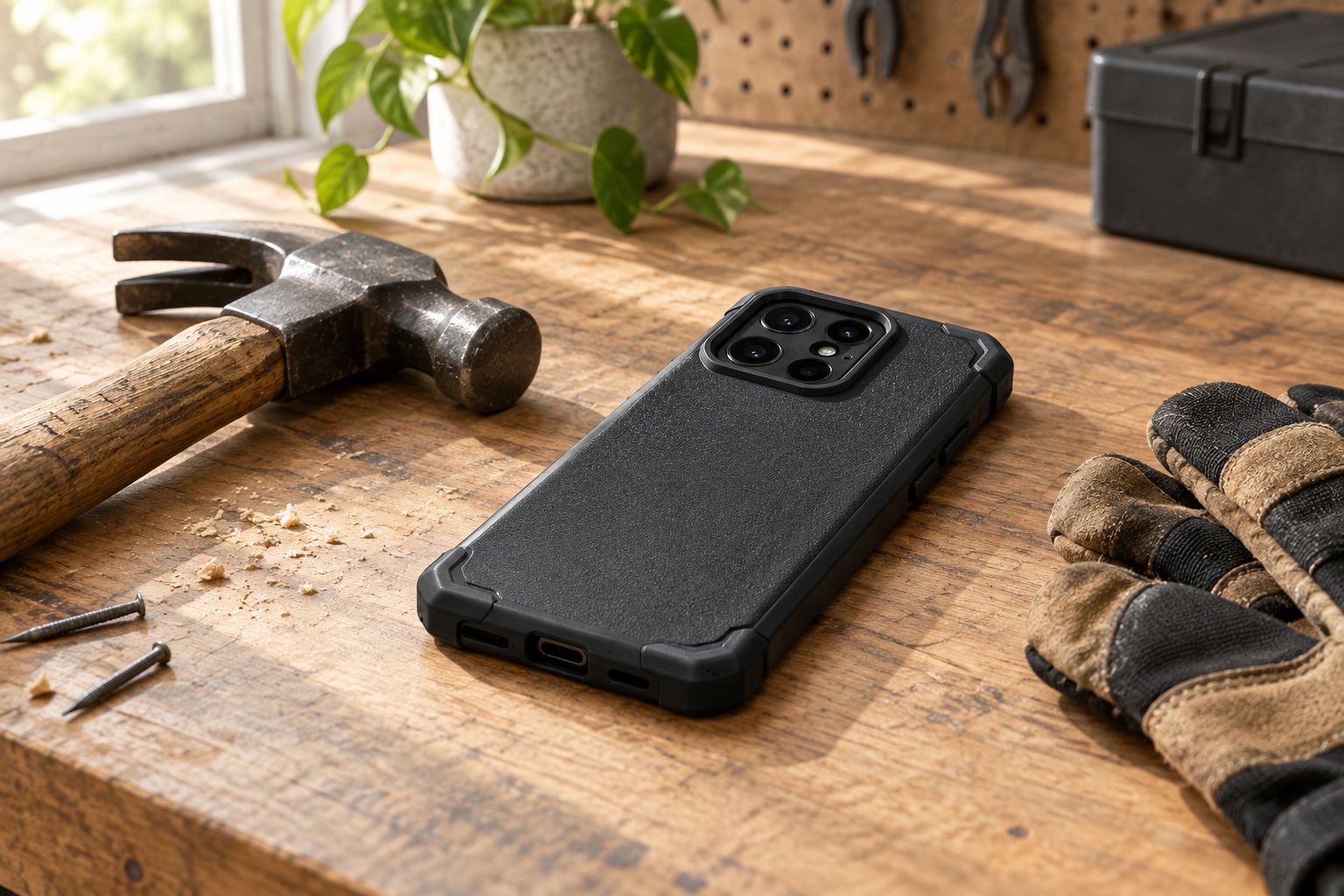 Rugged telefoonhoesje op een werkbank naast gereedschap