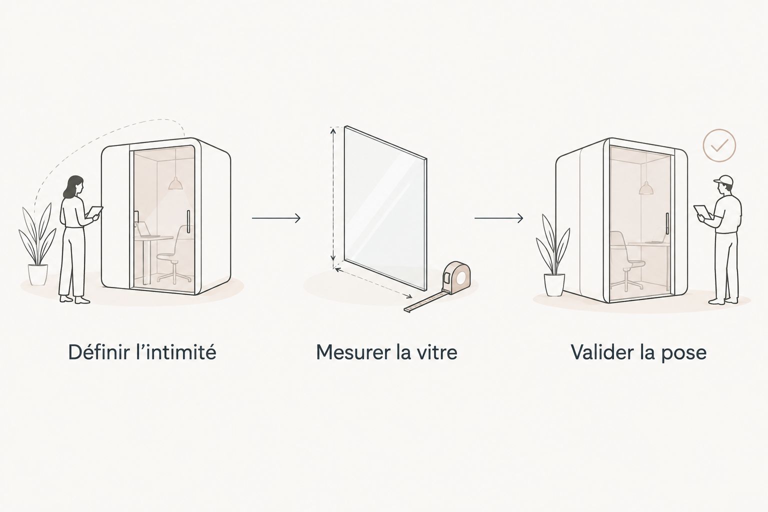 Les étapes pour comparer une pellicule : définir l’intimité, mesurer la vitre et valider la pose.