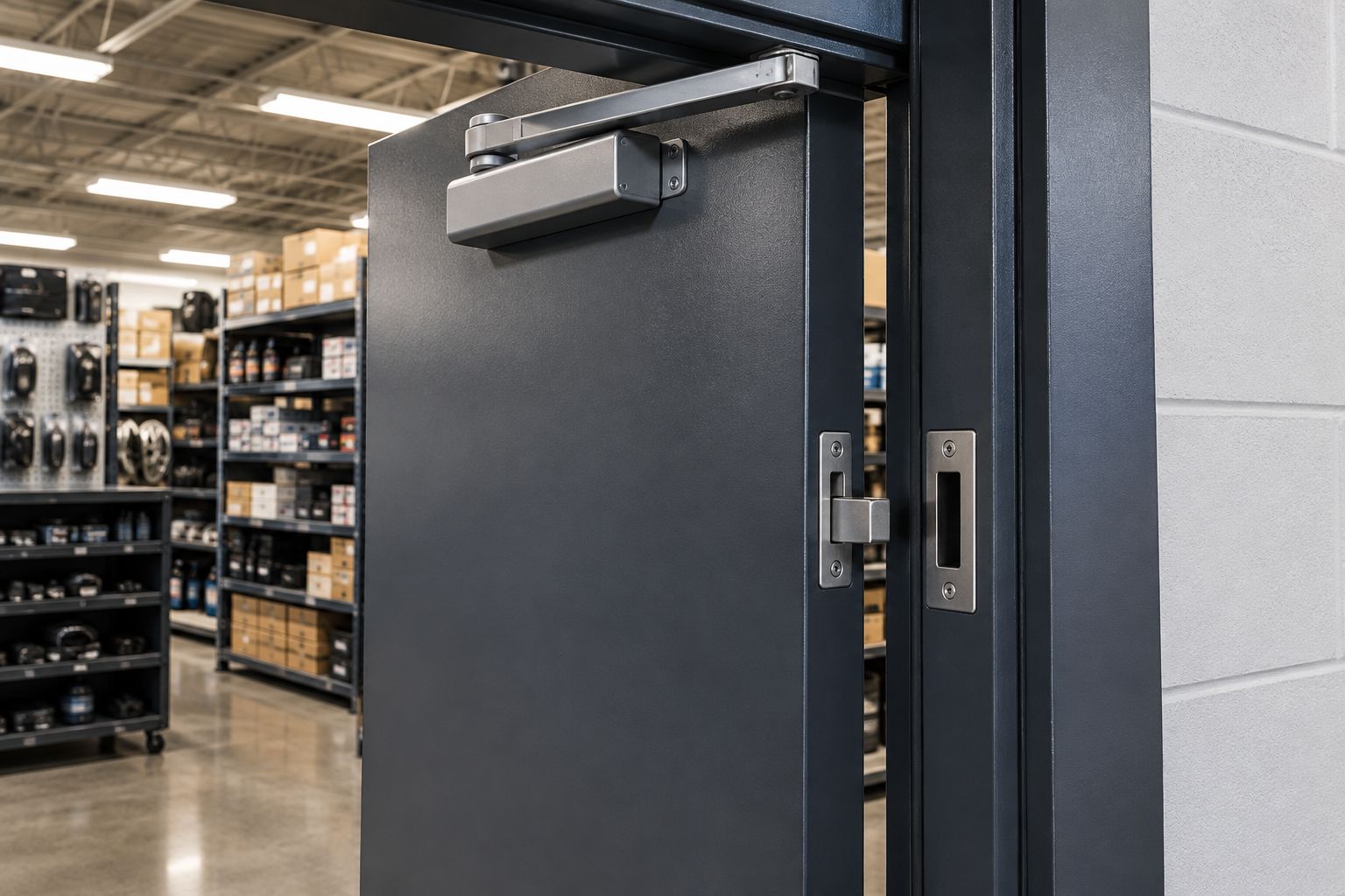 Metal stockroom door with an overhead closer and a latch aligned with the strike plate.