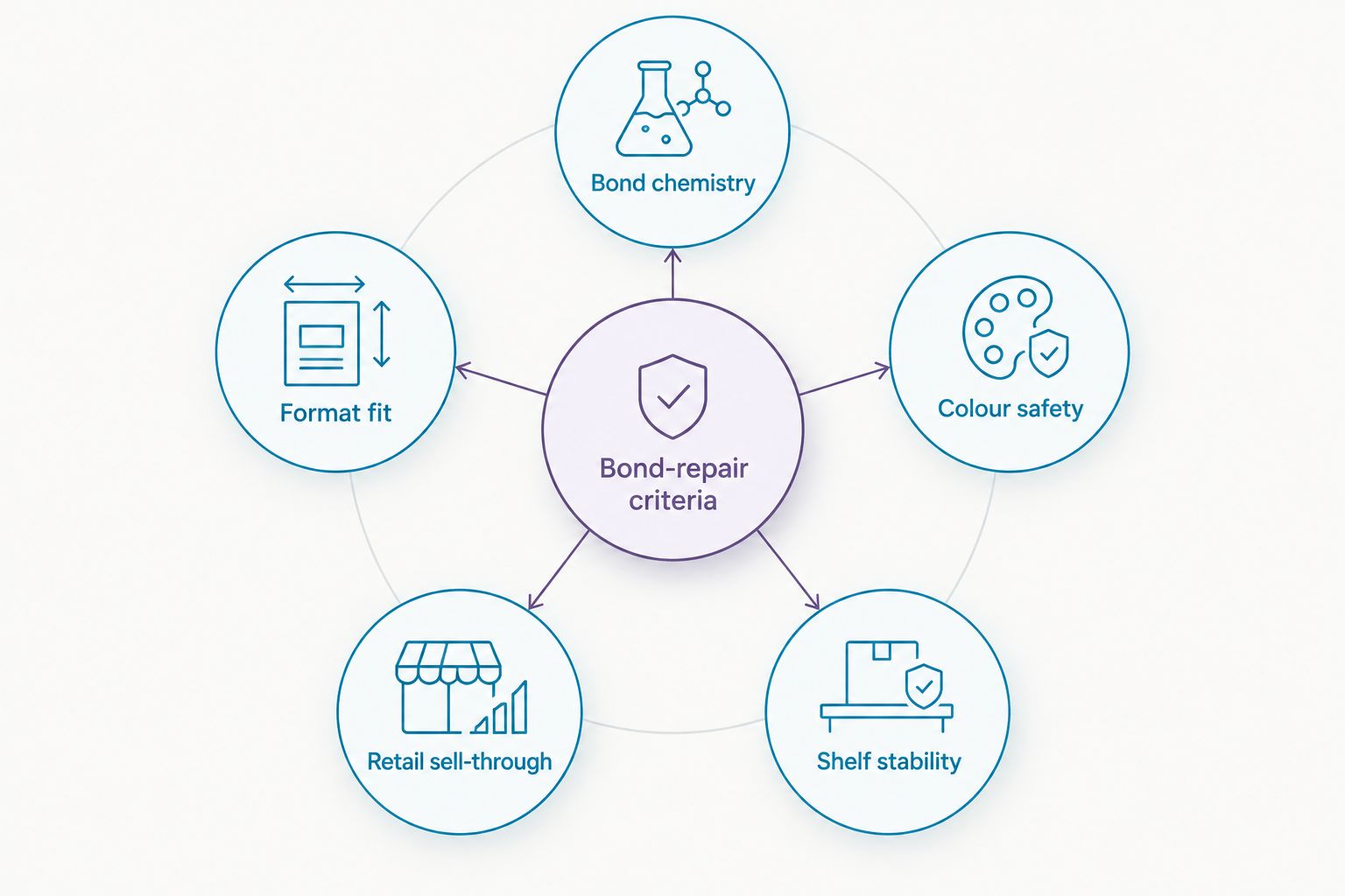 Hub and spoke diagram of five criteria for judging a salon hair treatment