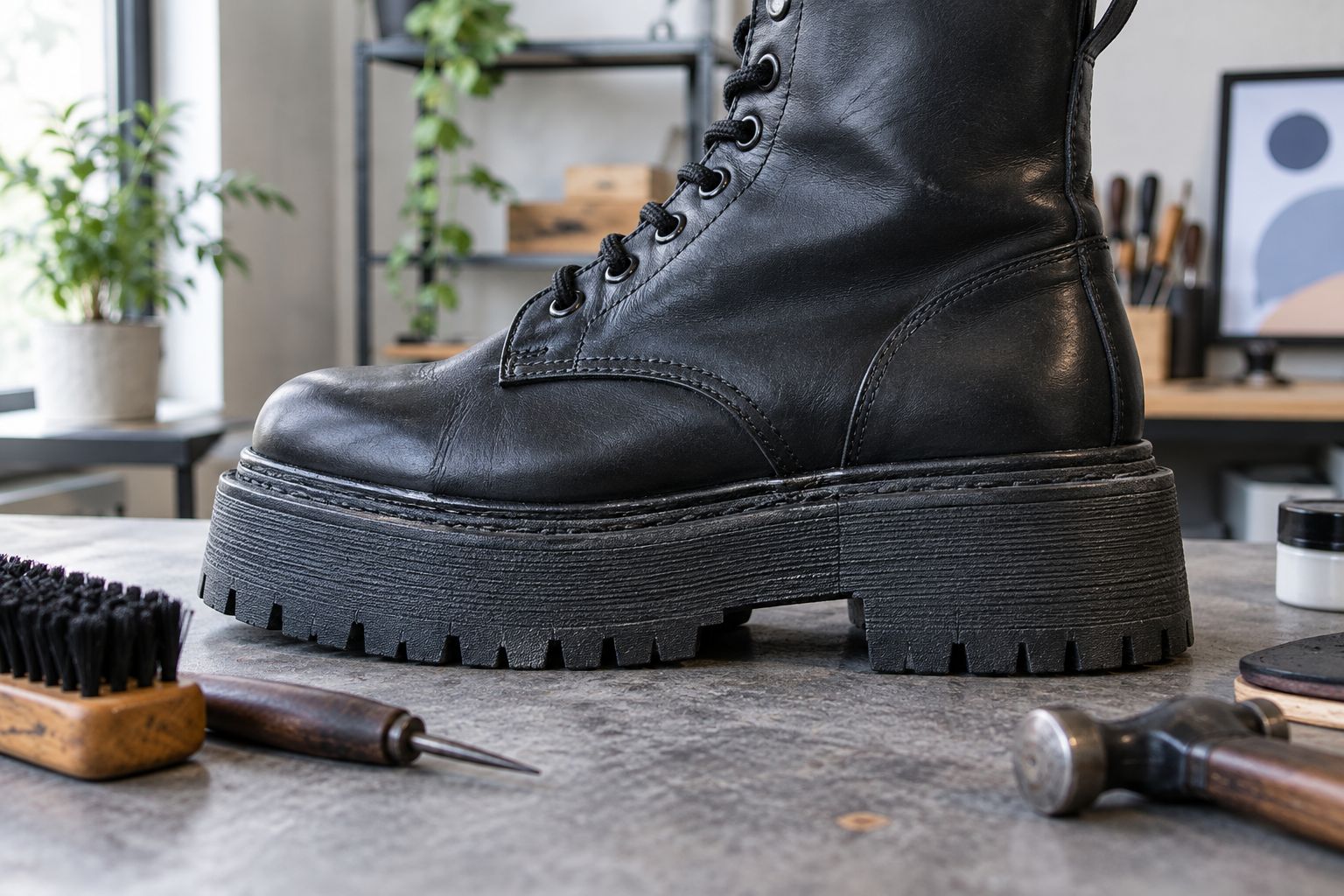 Close-up of a platform boot sole seam on a workbench