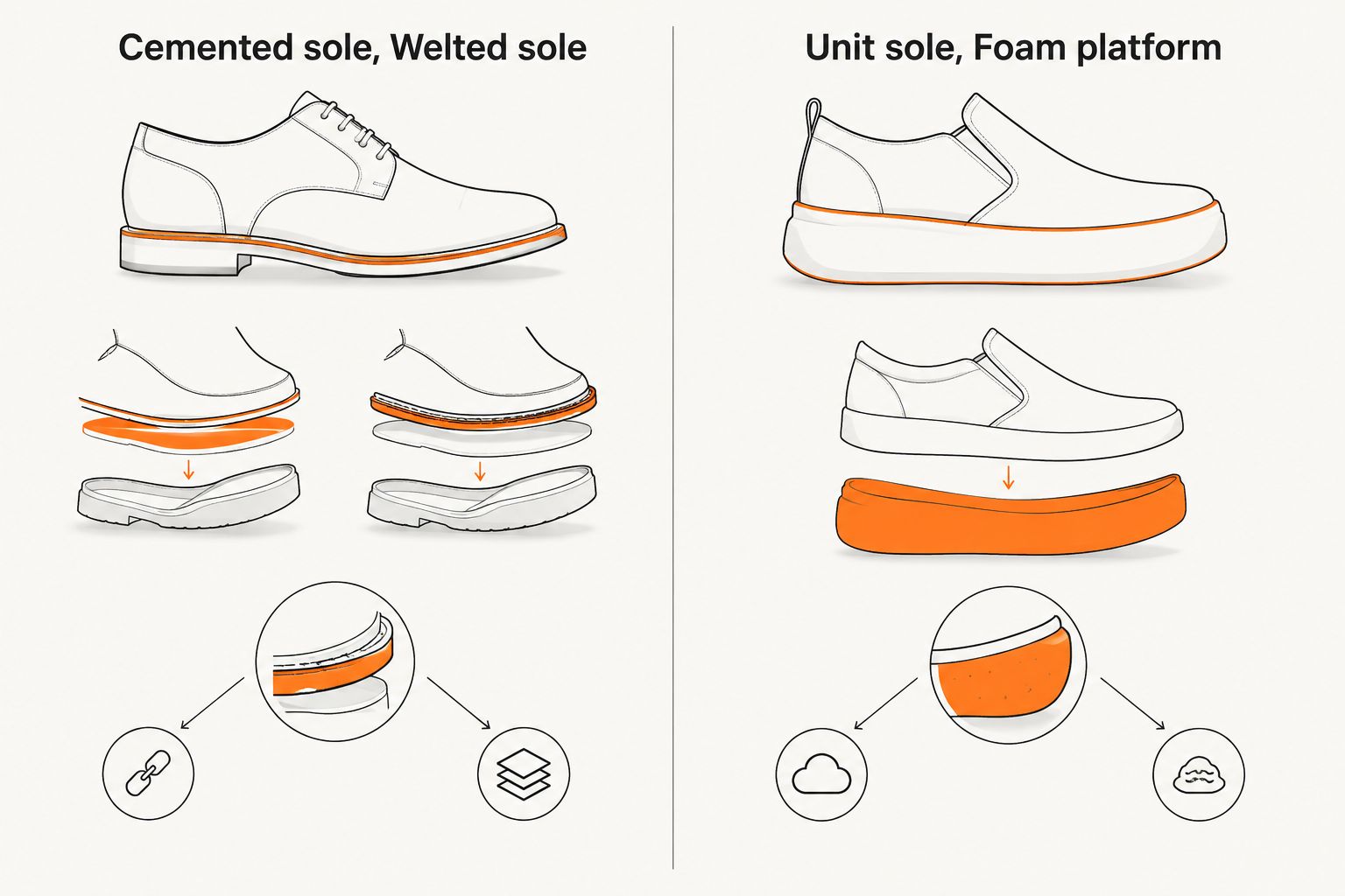 Two-column comparison of resoleable and non-resoleable sole constructions