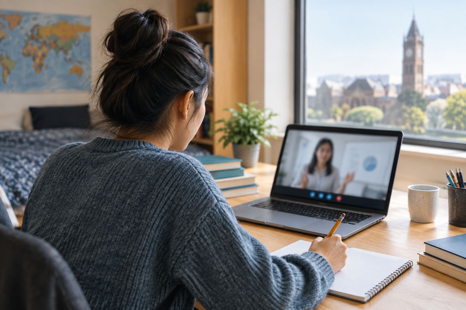 Student studying at a home desk with a laptop screen blurred