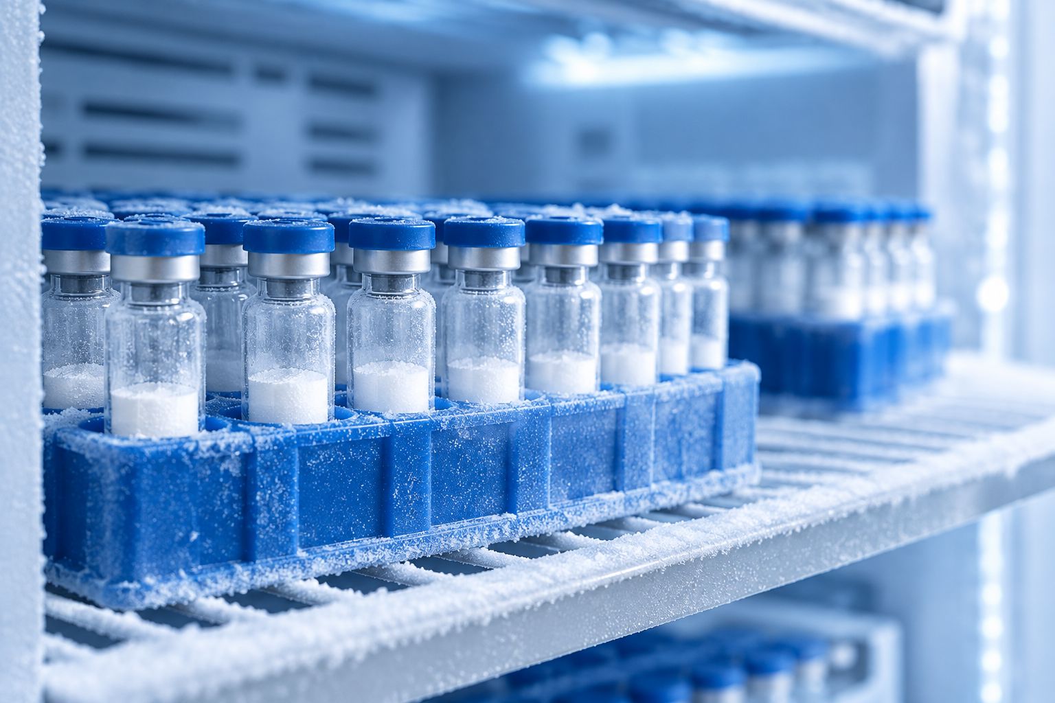 Lyophilized research peptide vials stored in a lab freezer rack