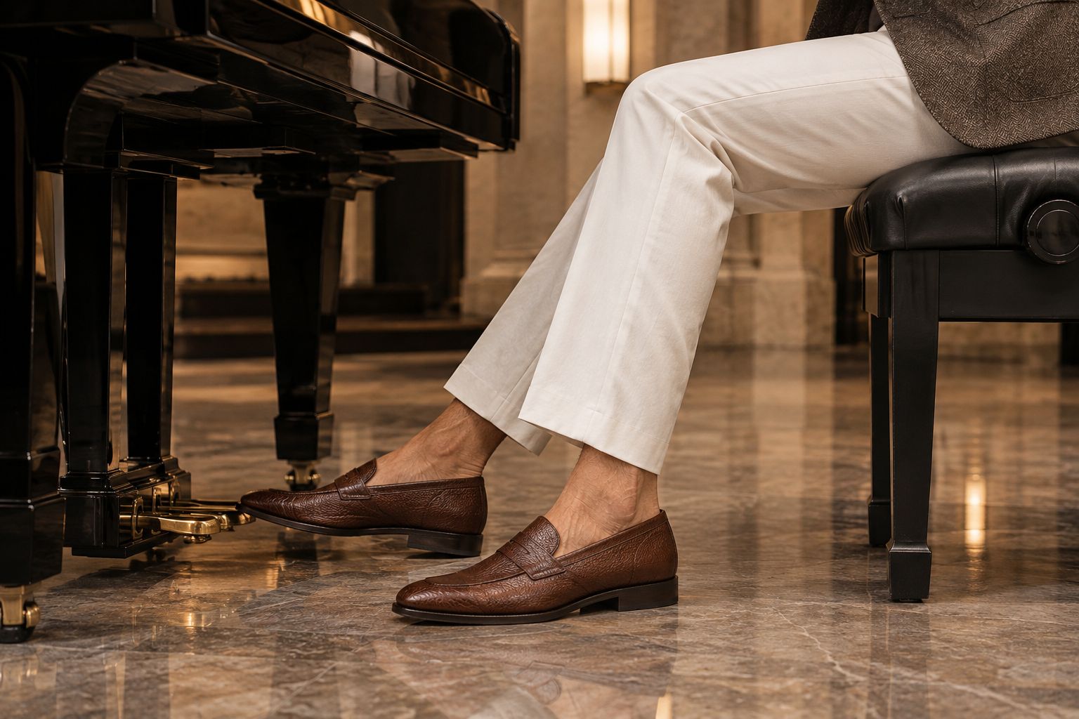Textured leather loafers and tailored trouser hems beside piano pedals