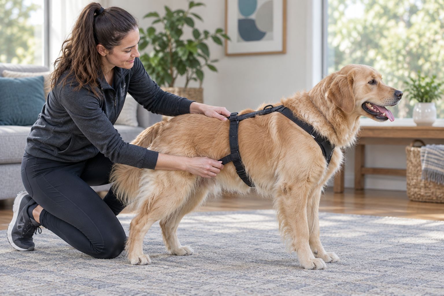 Owner gently checking a dog's harness fit behind the front legs