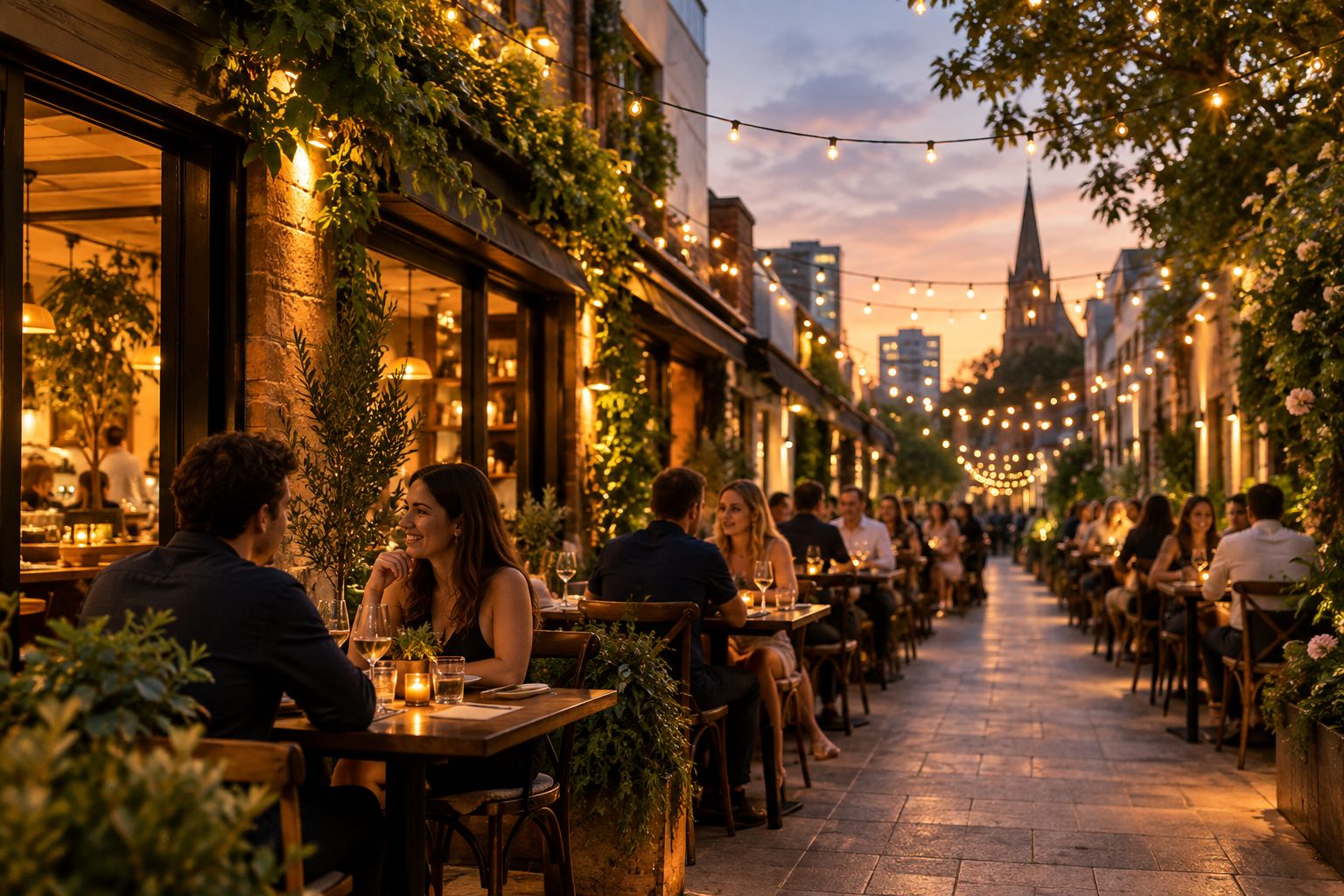 Laneway restaurant strip lit up at dusk with outdoor tables
