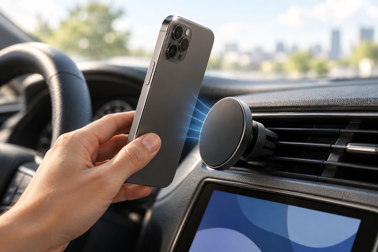 Telefoon klikt magnetisch vast op een autohouder aan het ventilatierooster