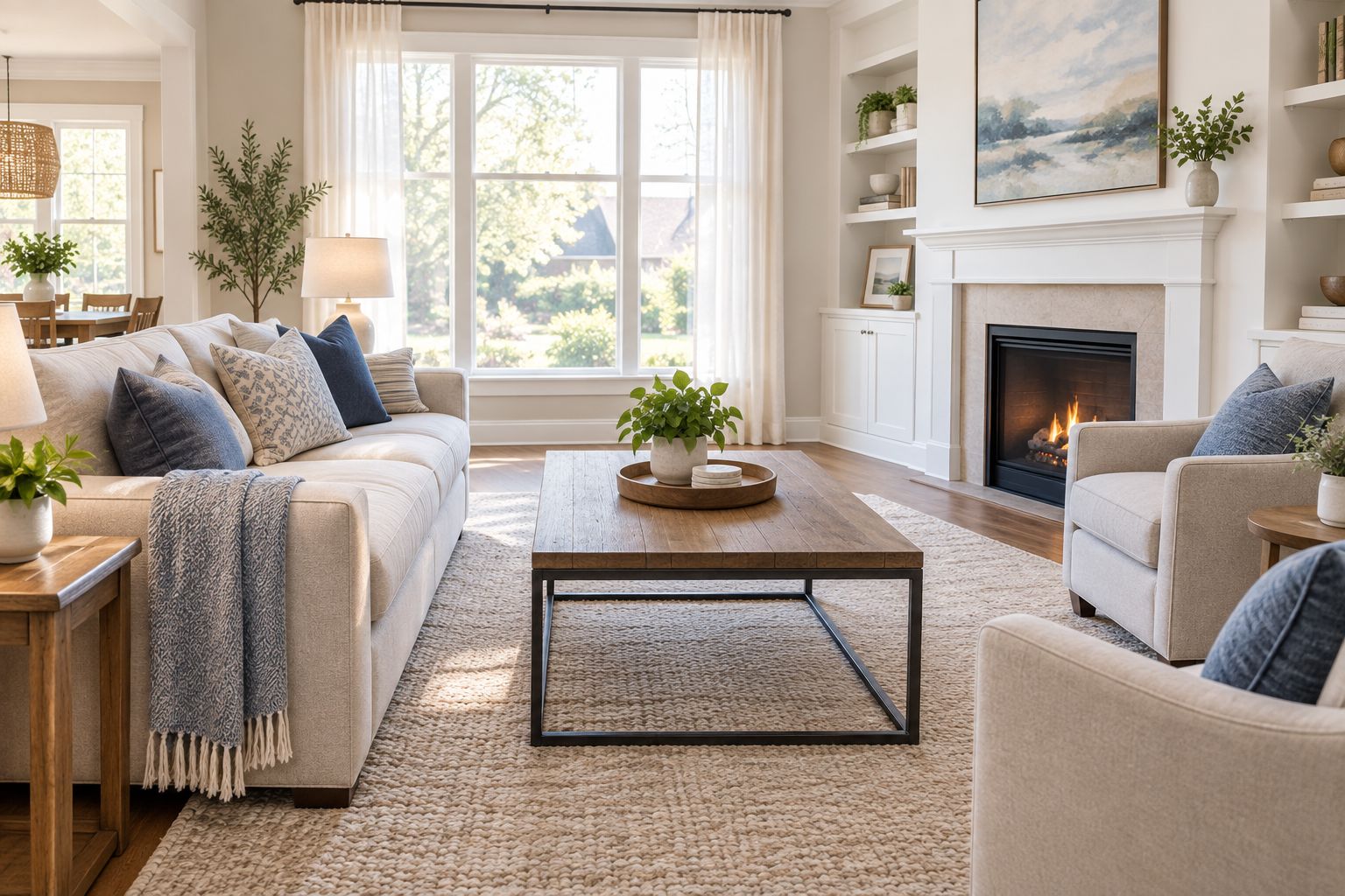 A staged living room with neutral furniture and warm natural light