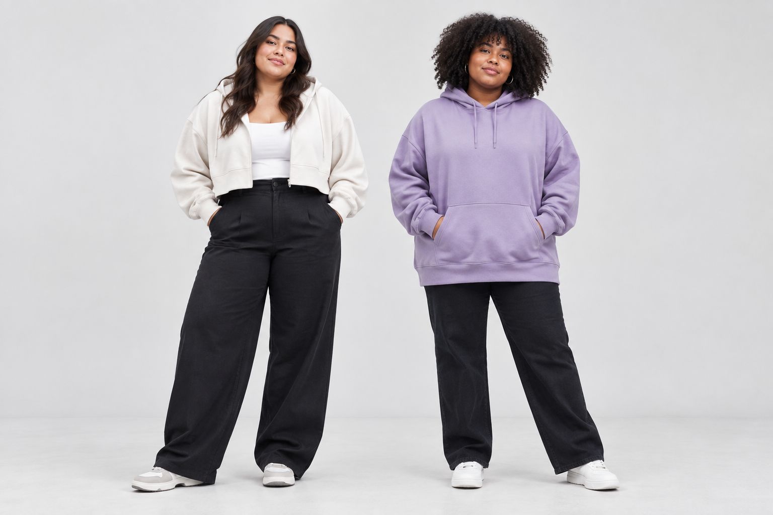 Plus-size models showing cropped and longer hoodie silhouettes with different trouser shapes