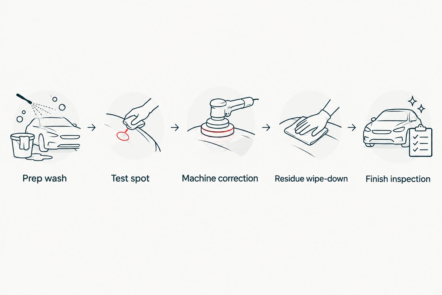 Workflow from prep wash and test spot through machine correction, wipe-down, and finish inspection