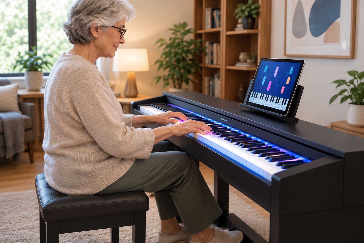 An older adult checks seating and screen position at a digital piano.