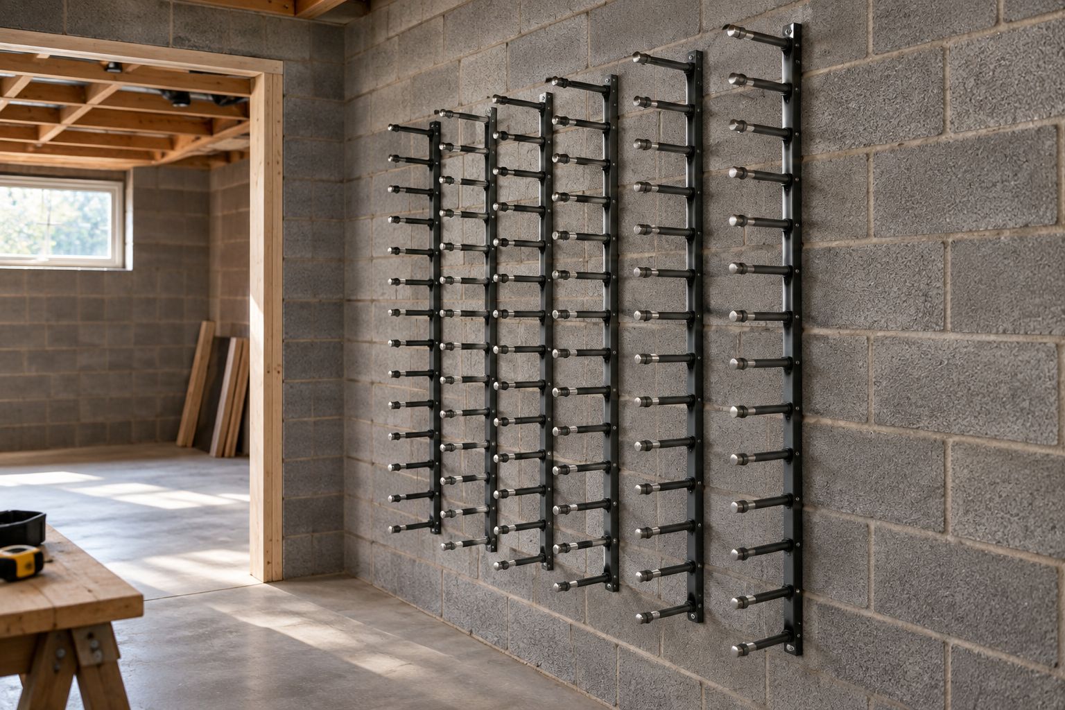 Side view of a wall-mounted metal wine rack showing its projection beside a doorway