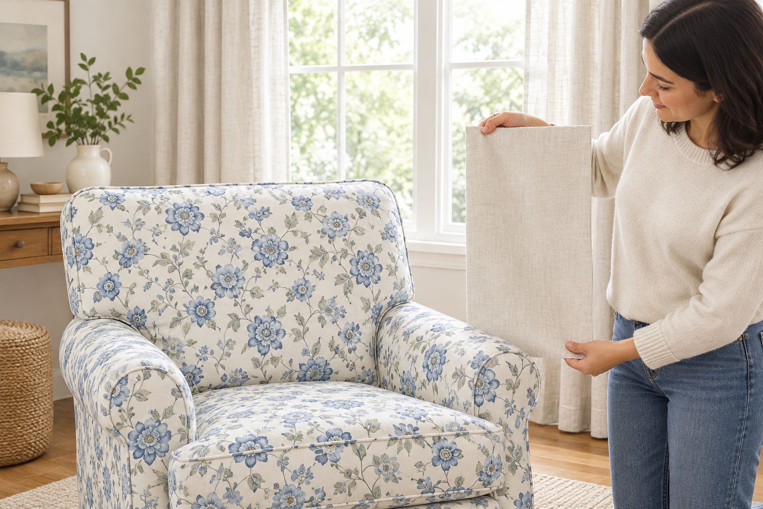 A plain curtain fabric sample held beside a floral armchair near a window.
