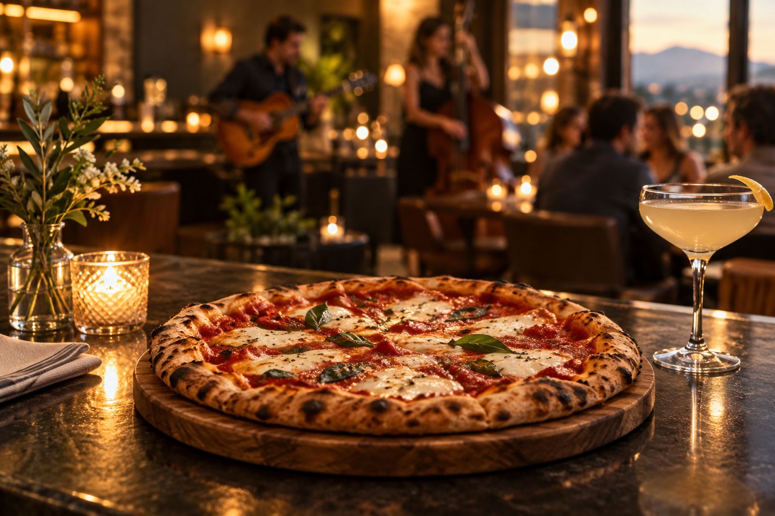 New York-style pizza on a wooden board at a dim lounge bar