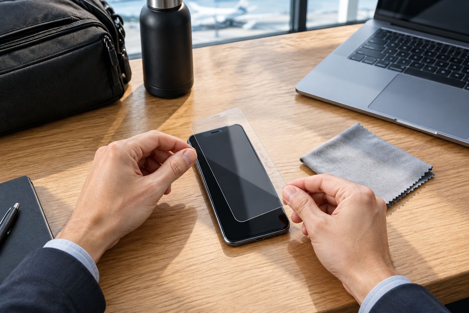 Screenprotector uitlijnen boven een telefoon op een schoon bureau