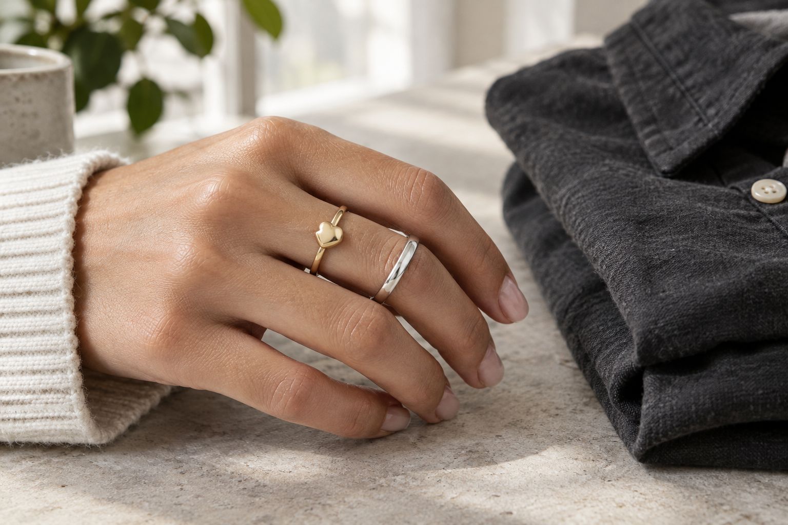 Gold-tone heart ring and silver-tone band worn on neighboring fingers