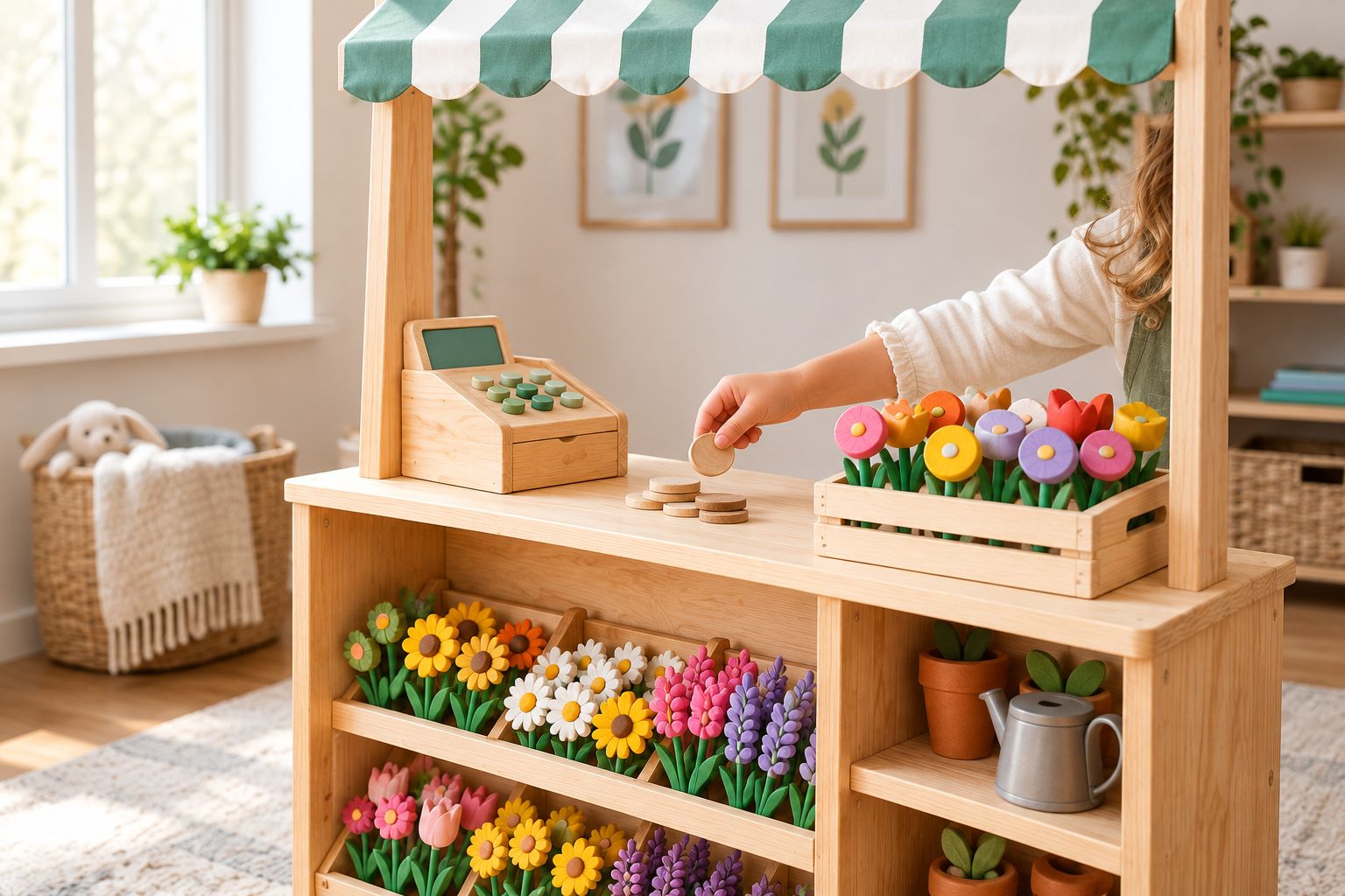 Wooden pretend shop counter set up as a flower stall with a till and coloured wooden stock
