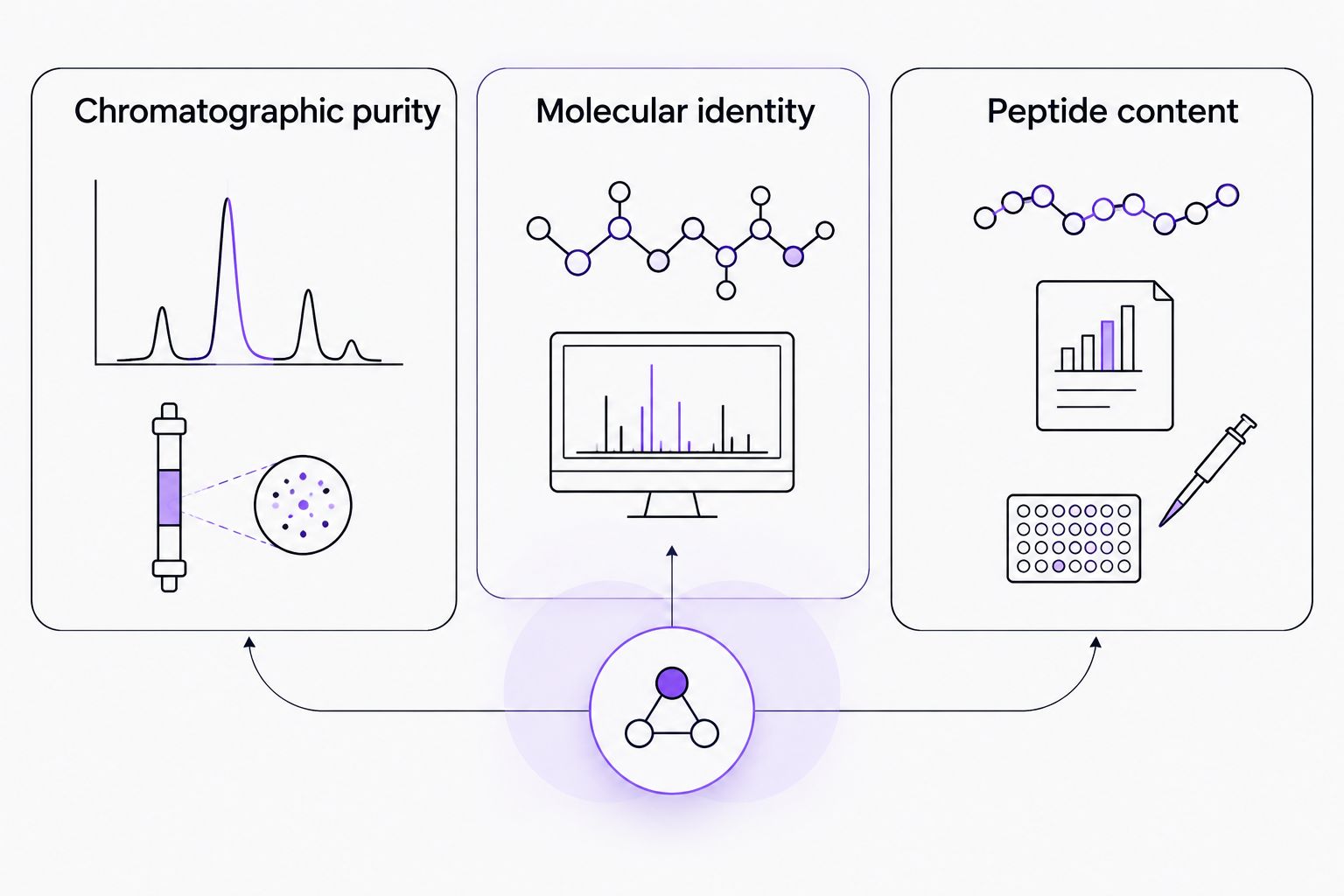 Three separate evidence categories for chromatographic purity, molecular identity, and peptide content