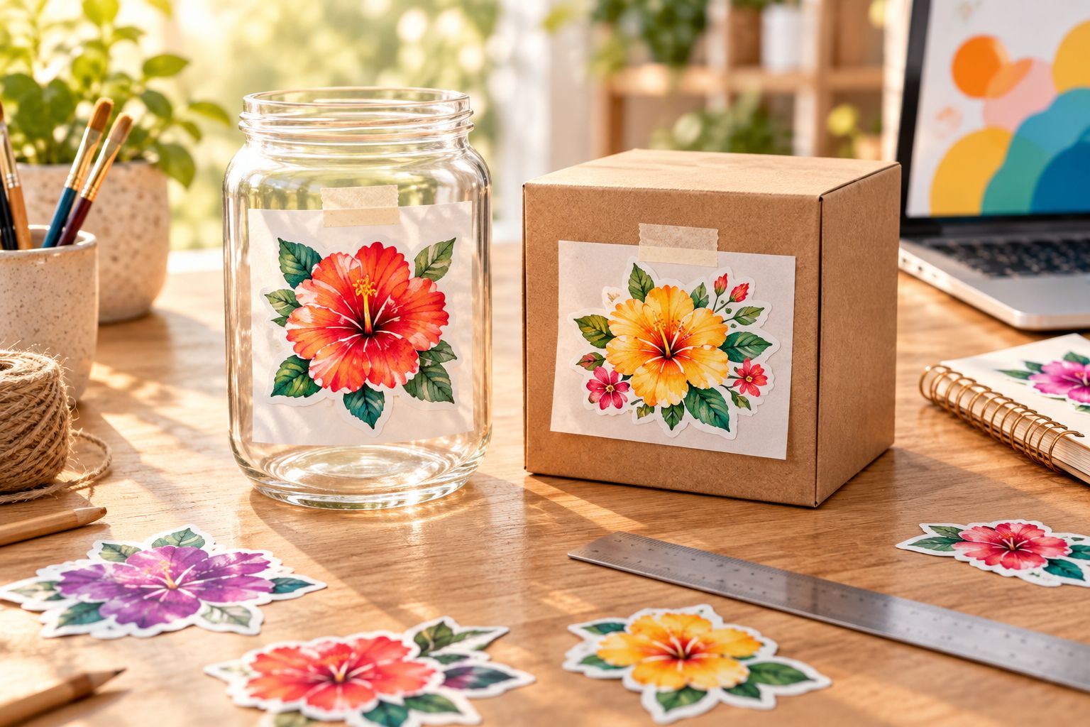 Paper templates positioned on a glass jar and gift box to check decoration size and clearance.