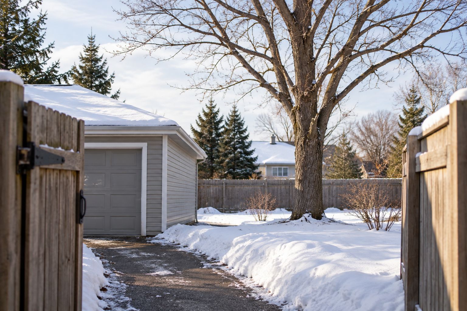 Leafless backyard tree near a garage, with a narrow gate and snowbanks affecting access.