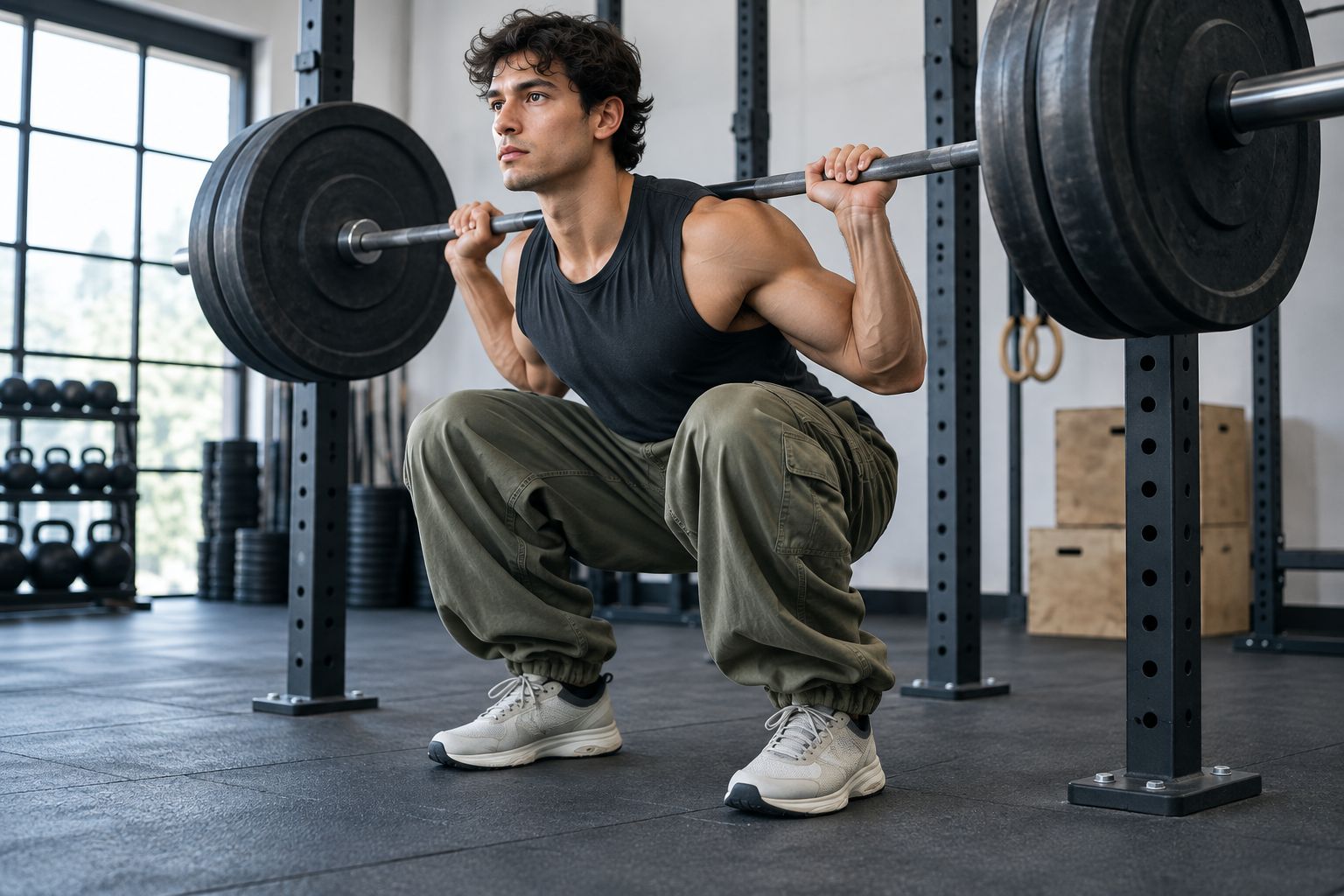 Lifter in oversized joggers at the bottom of a back squat with fabric bunching at the knee