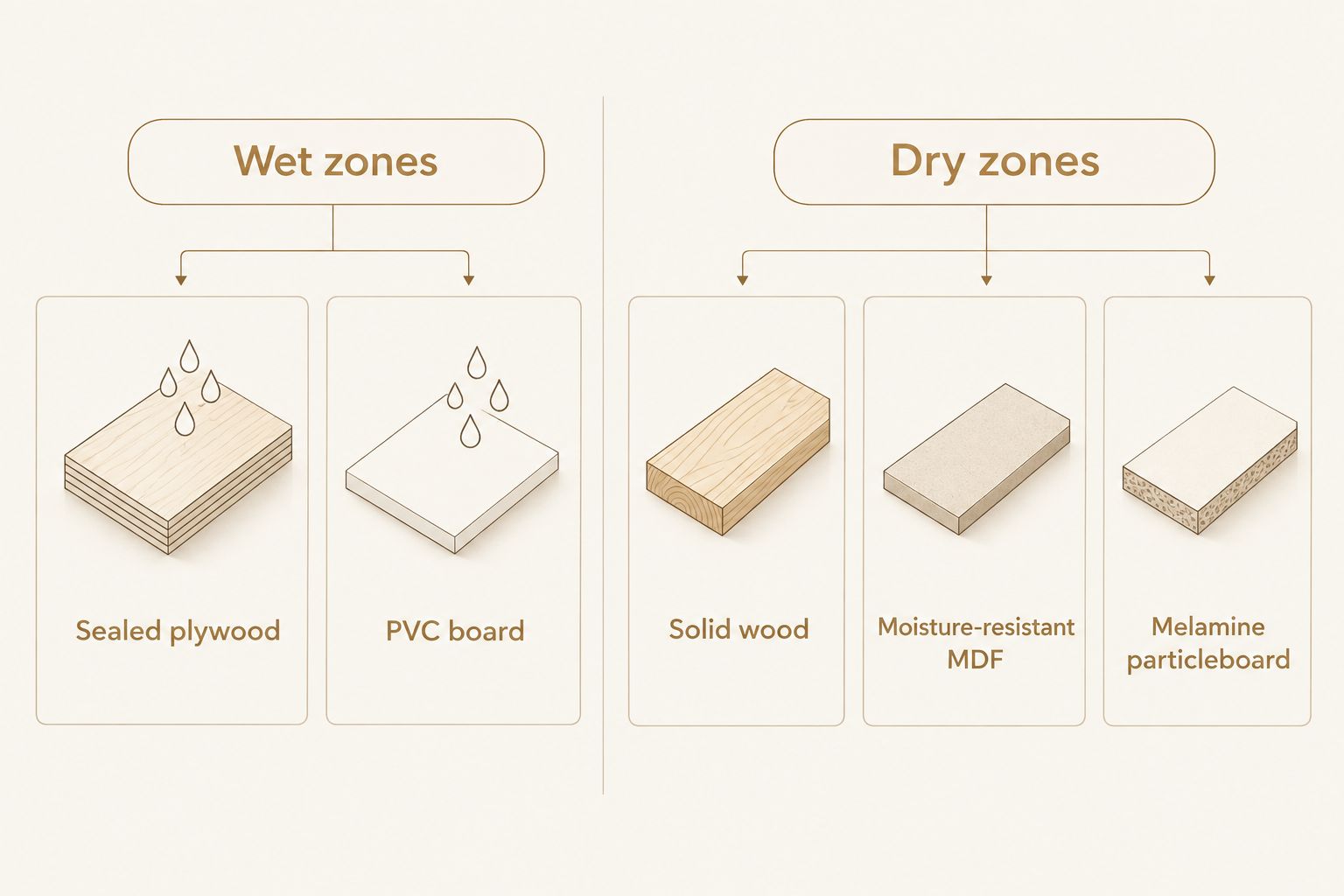 Two-column comparison of vanity cabinet materials by likely water exposure