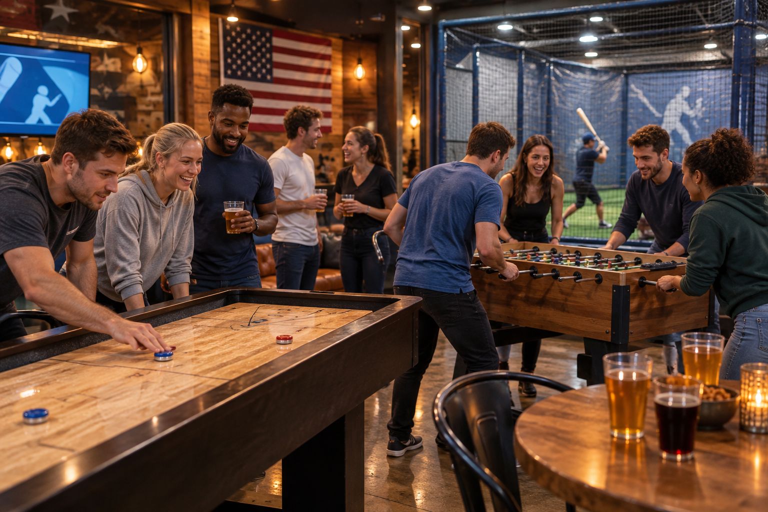 Group of five-a-side players playing shuffleboard and foosball at an activity bar