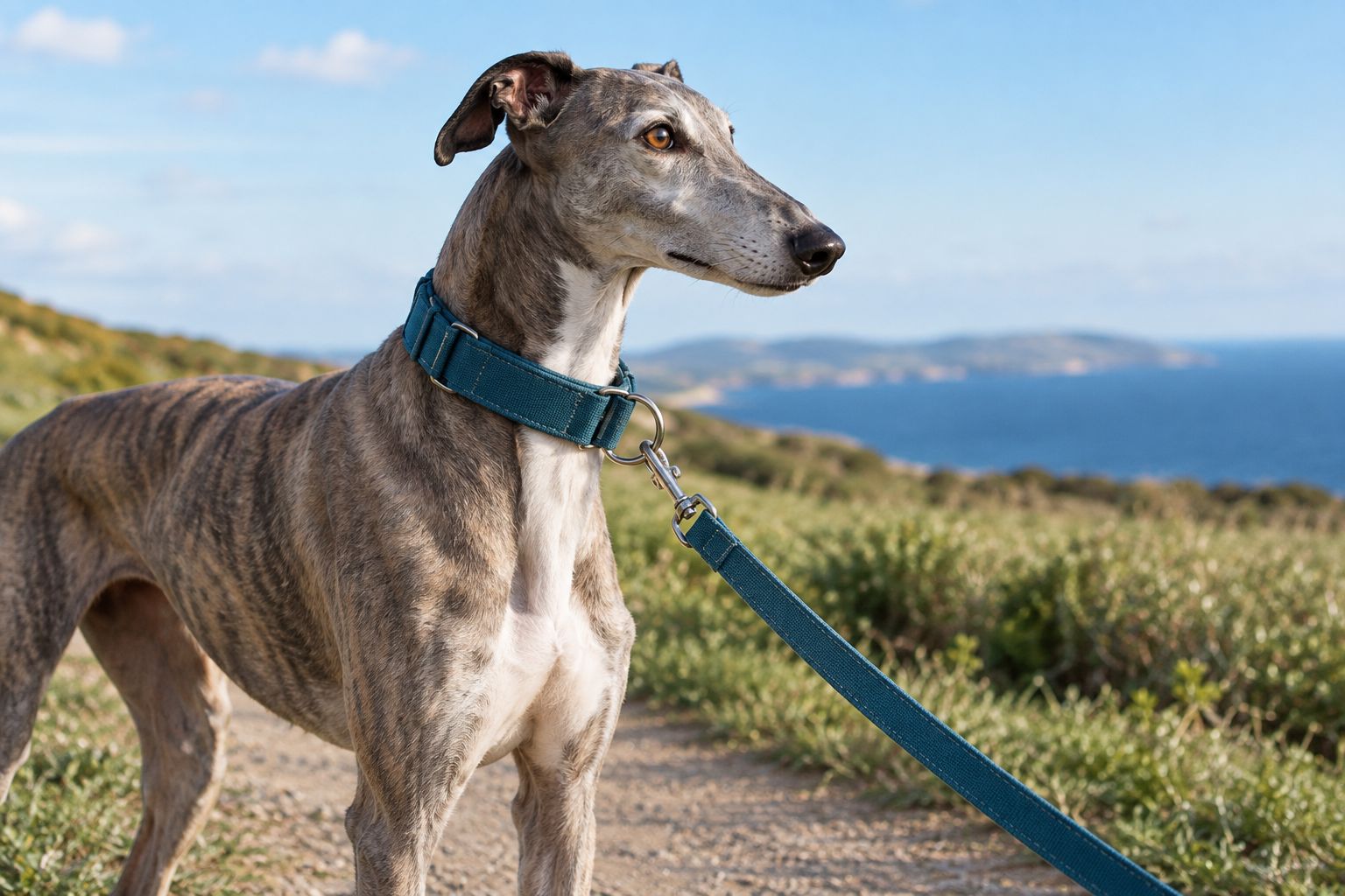 Greyhound wearing a martingale-style collar on a morning walk