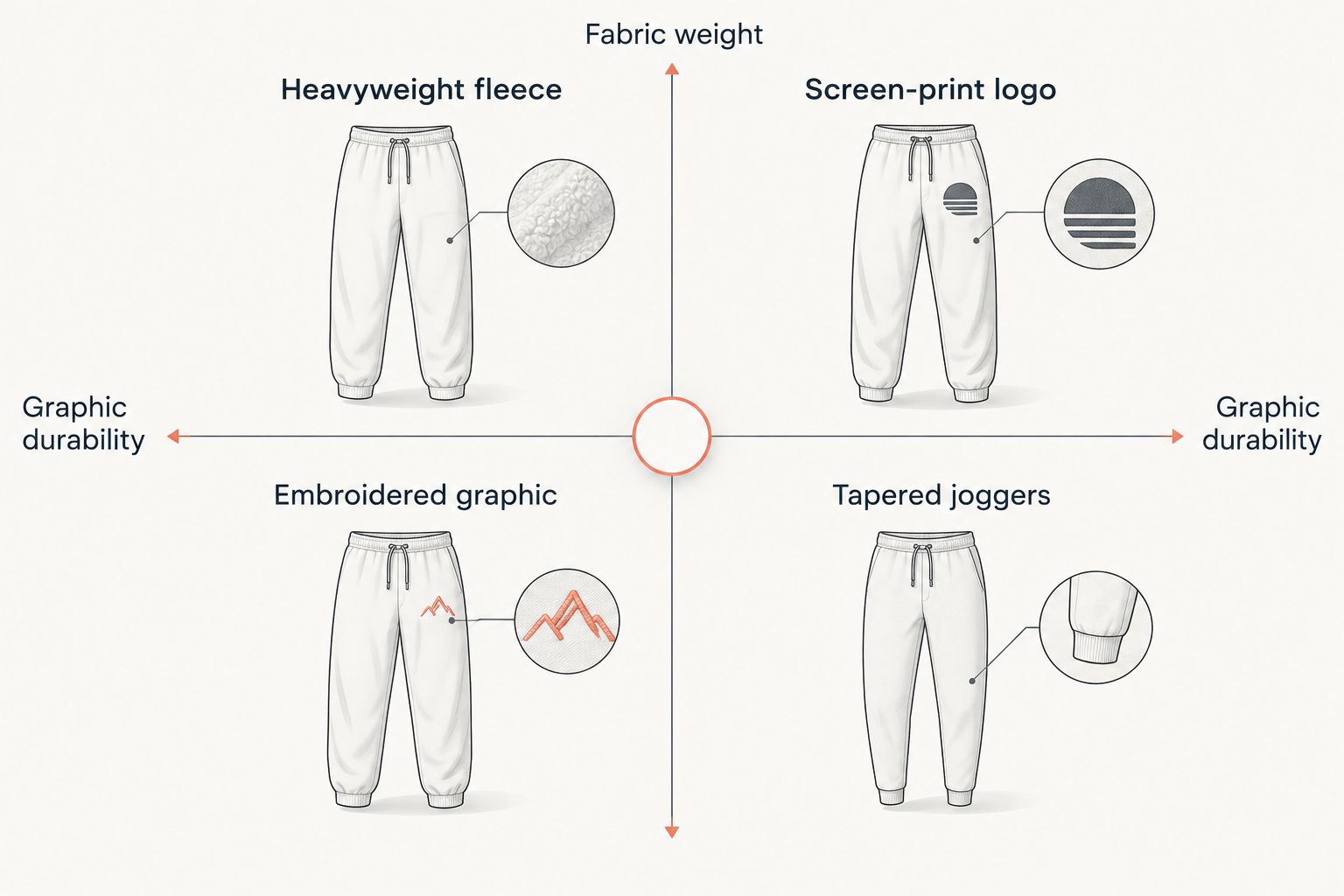 2x2 matrix comparing fabric weight and graphic durability across sweatpants styles