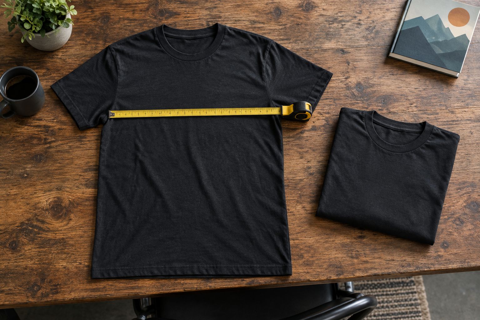 A plain T-shirt laid flat for a chest-width comparison