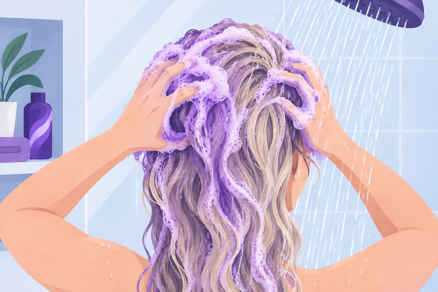 Lila Shampoo wird in blondes Haar einmassiert