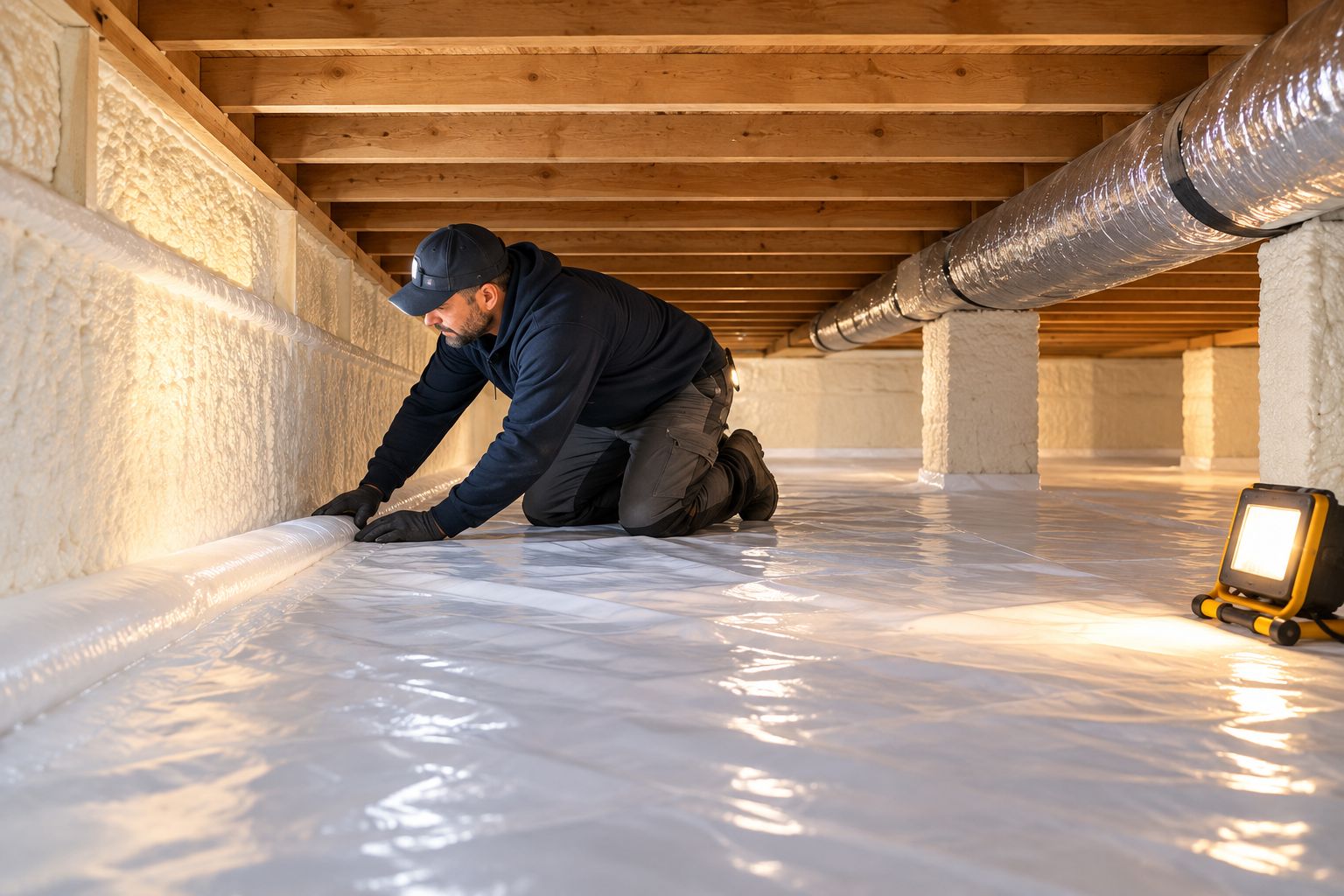Crawl space with vapor barrier on the floor and spray foam on the walls and rim joist