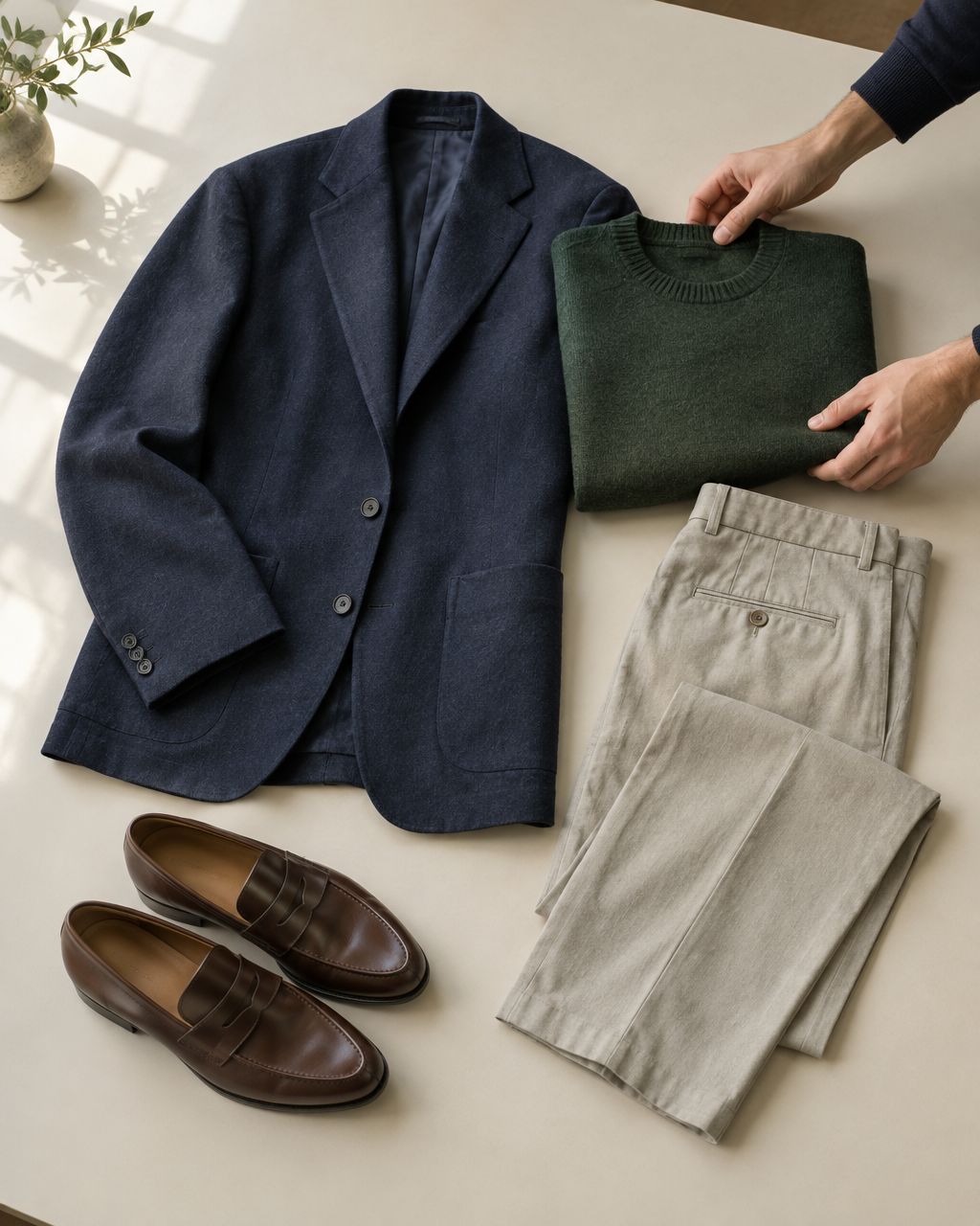 Illustrative coordinated menswear capsule outfit arranged for merchandising