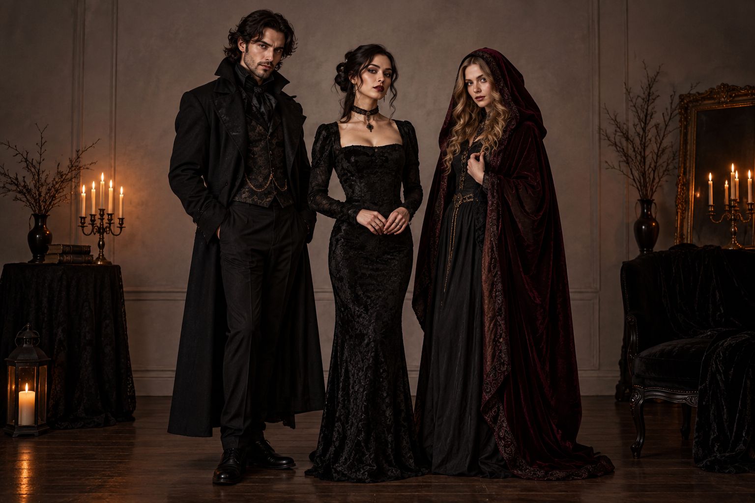 A gothic ensemble with different garments connected by long silhouettes and restrained ornaments