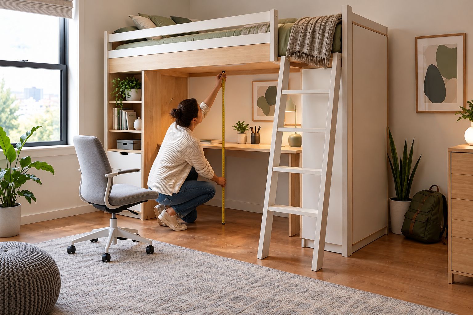 Parent measuring under a wooden loft bed beside a desk with clear chair and ladder access.